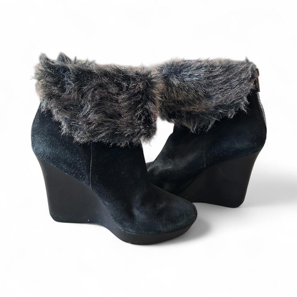 Nine West Black Suede Wedge Ankle Boots with Faux Fur Trim